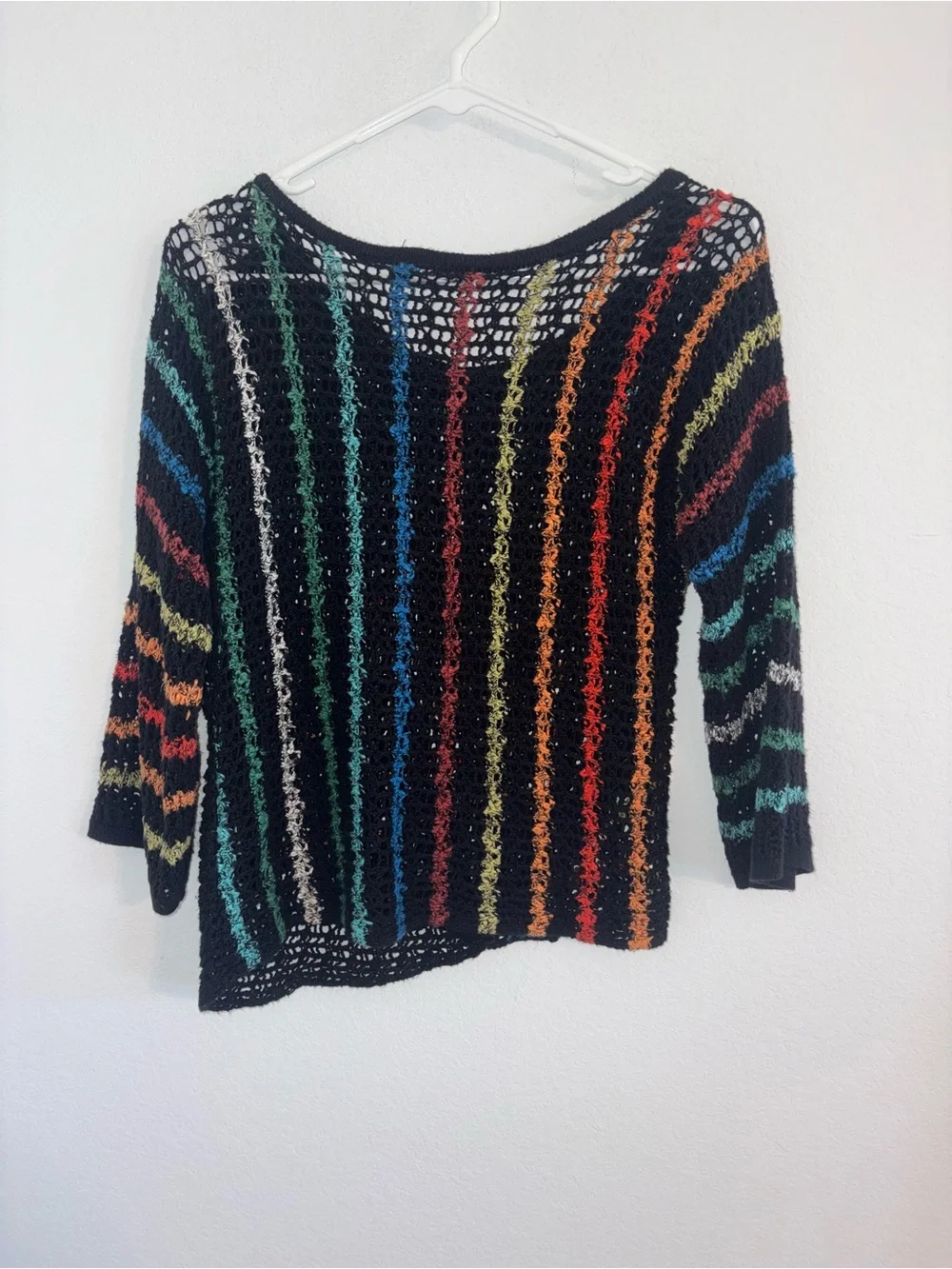 NIC+ZOE Rainbow Striped Open Knit Crochet Pullover Sweater